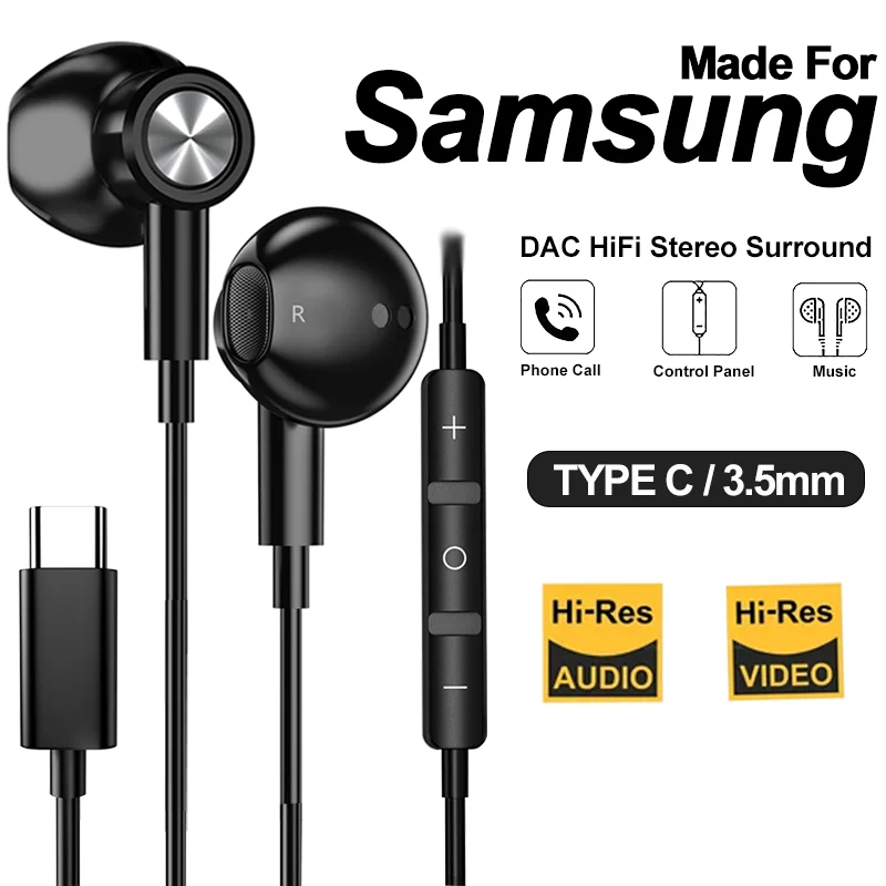 NEW DAC Chip HiFi Bass Stereo USB Type C 3.5mm In-Ear Wired Headphones With Mic Earbuds for Samsung Galaxy S24 23 A54 A53 Ultra