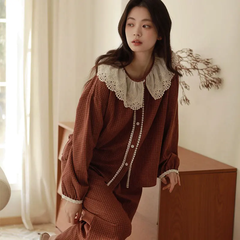

Vintage Lace Peter Pan Collar Cotton Pajama Set Women Jacquard Plaid Sleepwear Sweet Long Sleeve Loose Home Loungewear