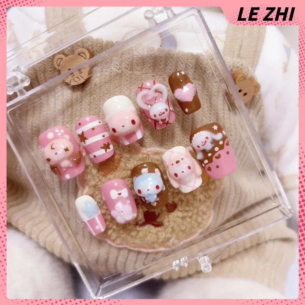 Pink Girlish Style Retro Y2K Cute Rabbit Short Square Nail Art Stereoscopic Love Flower Stars Dot Nail Patch Party Stickers