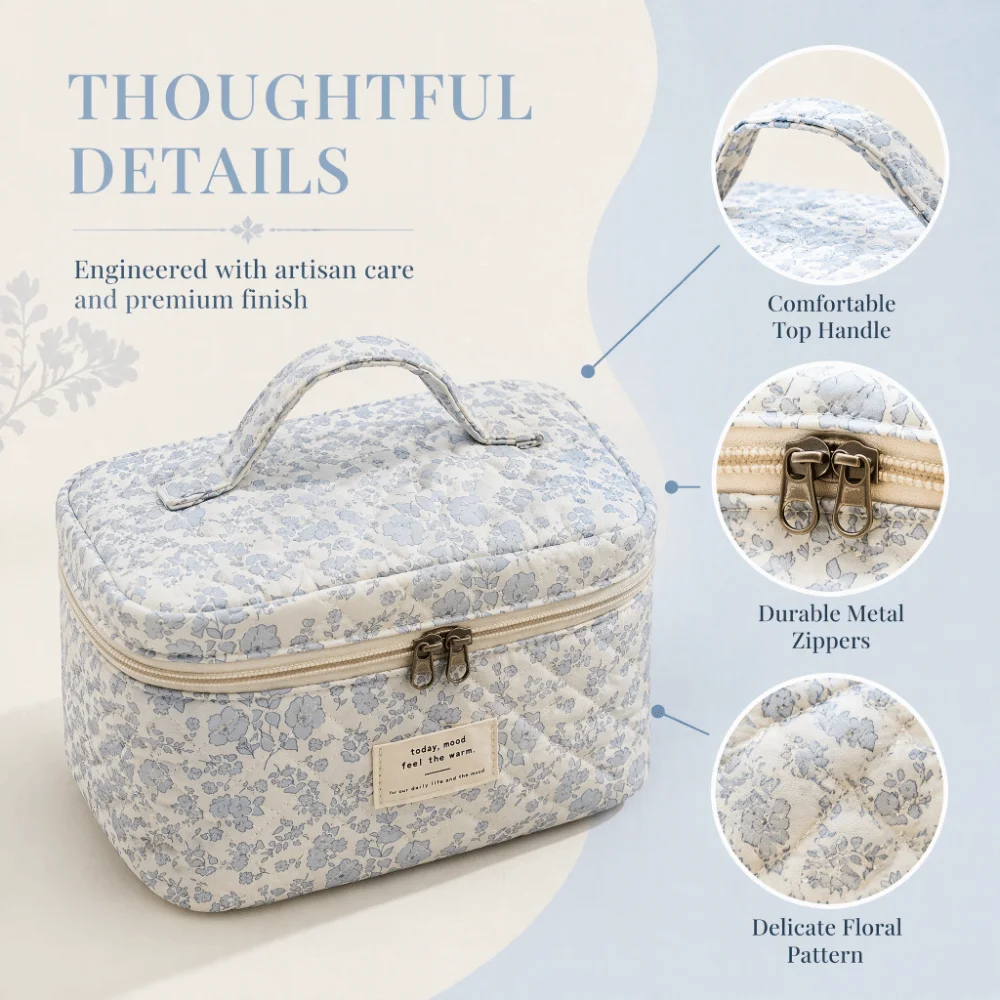 Vintage Flower Women Makeup Bag Cotton Portable Travel Organizer Multifunctional Large Capacity Cosmetic Storage Handbag