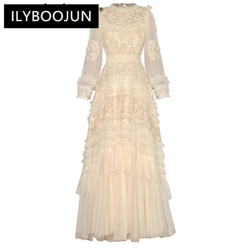 

ILYBOOJUN Fashion Designer Autumn Mesh Long Dress Women's O-Neck Lantern Sleeve Discoid Flowe Elegant Party Ball Gown Dresses