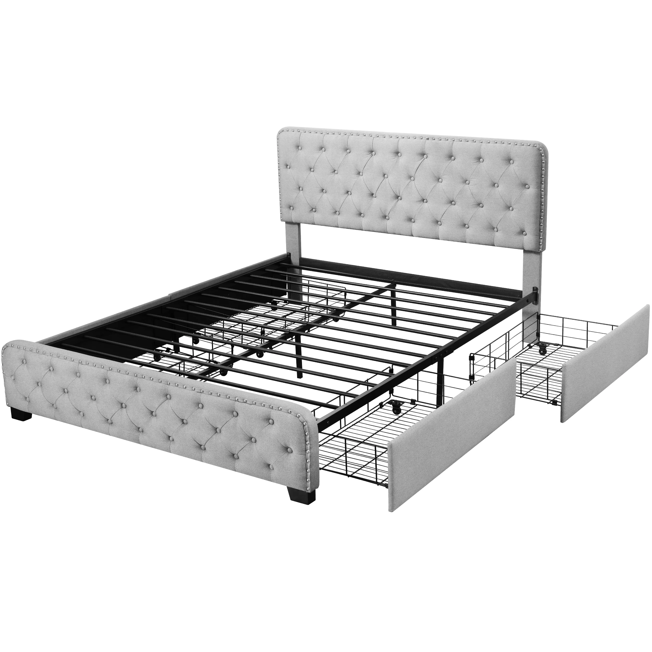 Full Size Bed Frame, Upholstered Platform Bed Frame with Button Tufted Headboard, Gray