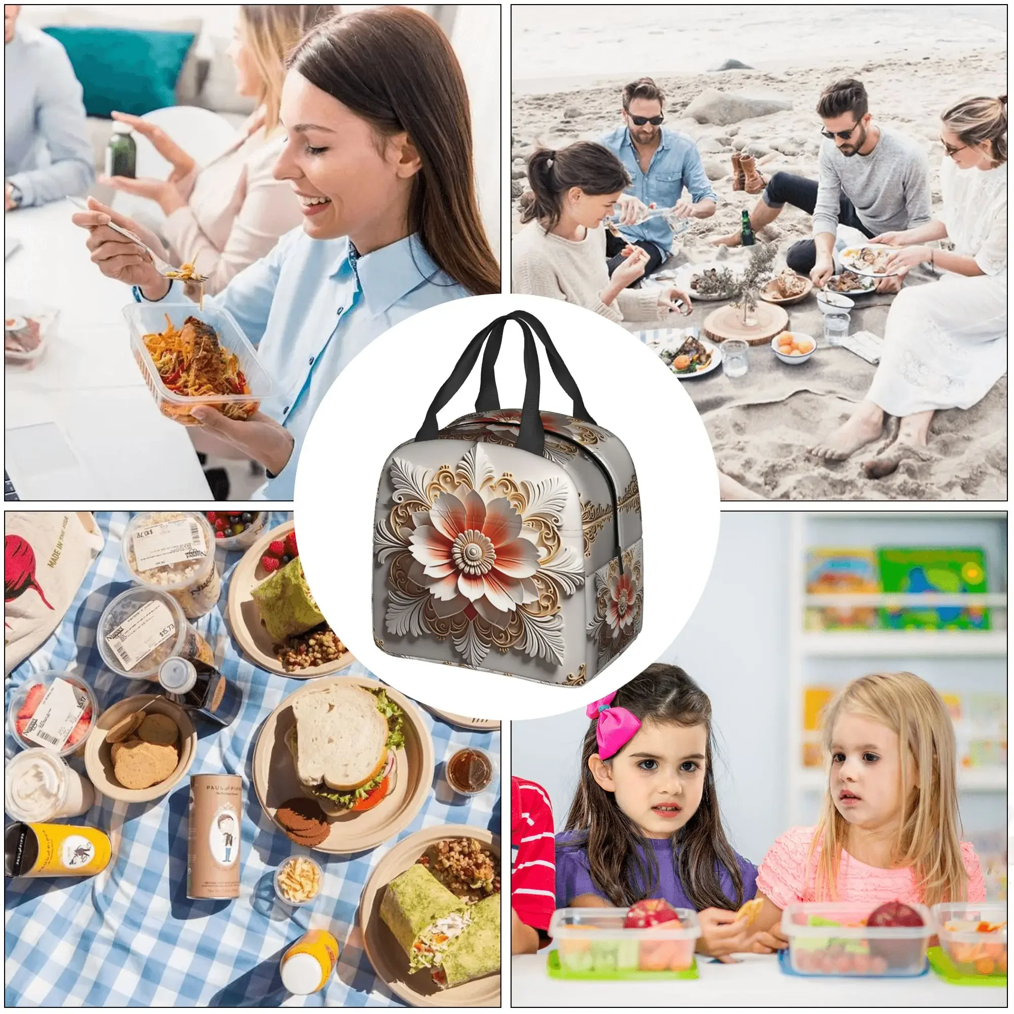 Fashion Trend 3D Flowers Insulated Lunch Bags for Work School Luxury High 3D Floral Resuable Thermal Cooler Lunch Box Women Men