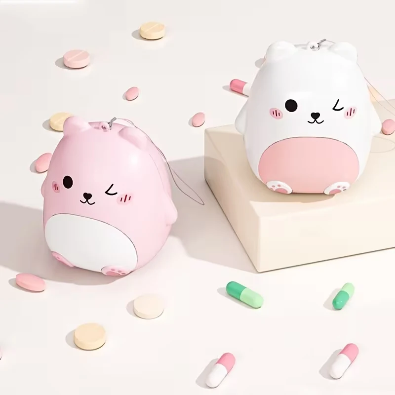 2Pcs White Pink Smiley Bear Pill Organizer, Large Capacity Storage Case for Jewelry, Earrings, Fish Oil Capsules Accessories
