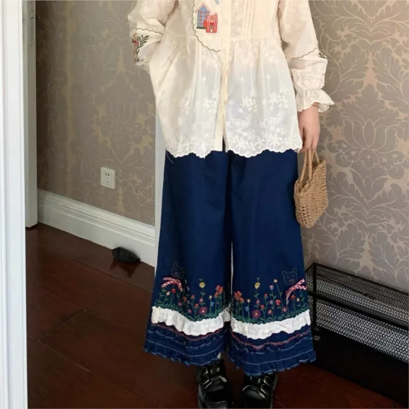 

Johnature New Japanese Loose Retro Lace Panelled Wide-leg High-waisted Jeans 2025 Spring Casual Ruffles Women Versatile Trousers