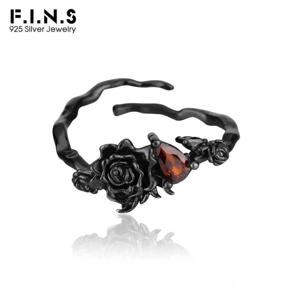 

F.I.N.S Original Retro Old S925 Sterling Silver Black Rose Red Zircon Rings Open Adjustable Vintage Mid Finger Fine Jewelry Gift