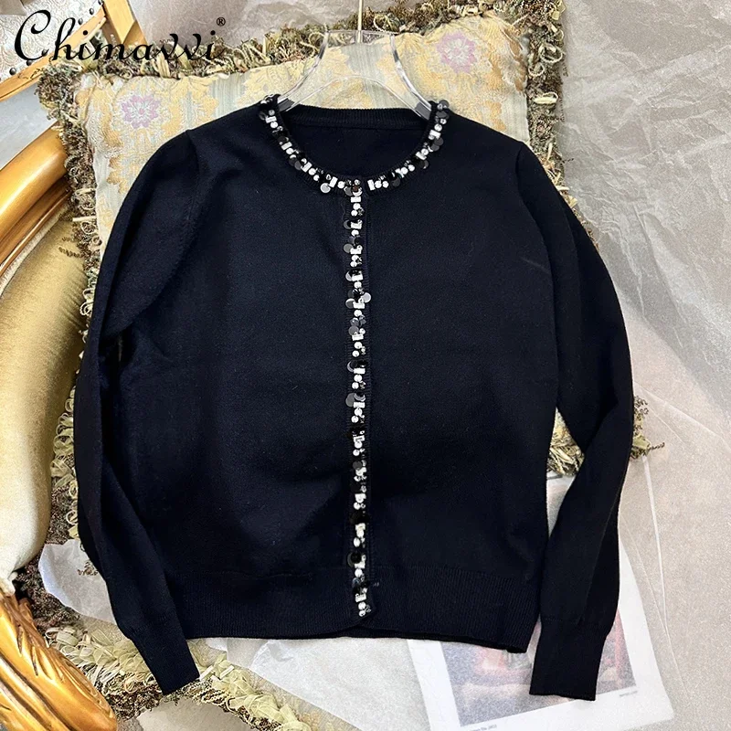 

Korean Style Casual Black Thin Sweater Diamond Sequined Round Neck Long Sleeve Covered Button Knitted Cardigan Women 2024 Autumn