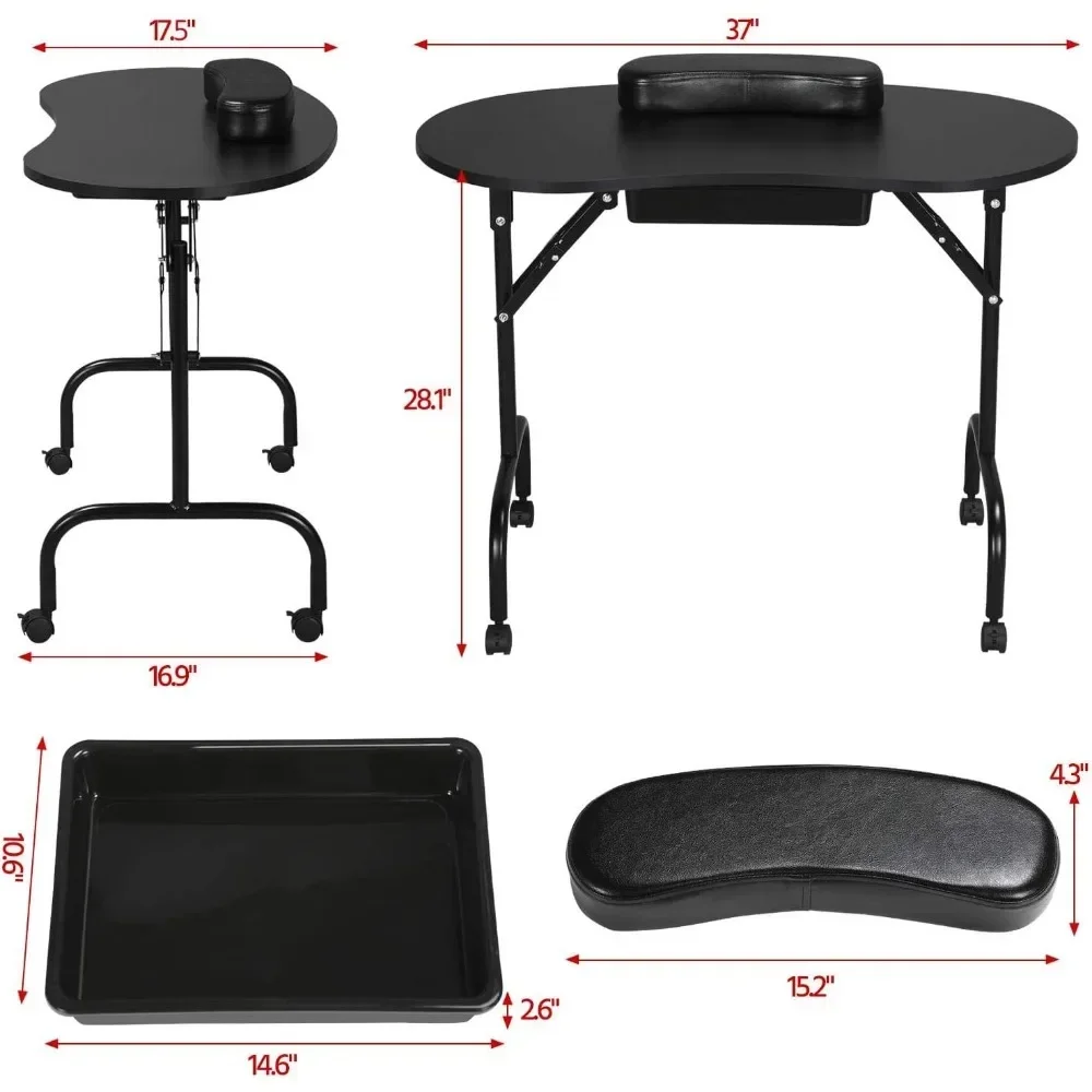 37-inch Portable & Foldable Manicure Table Nail Desk Workstation with Large Drawer/Client Wrist Pad/Controllable Wheels/Carrying