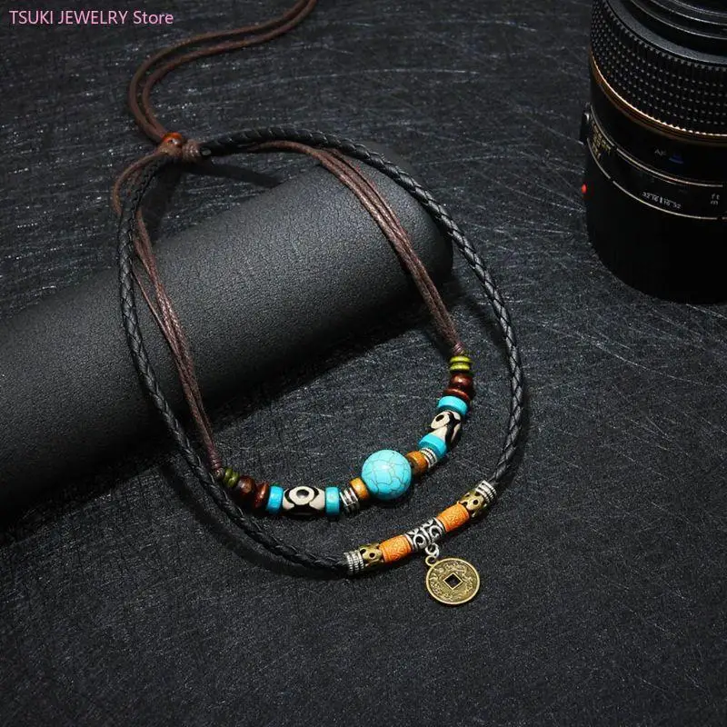 Vintage-Halskette mit Münzanhänger, schlicht, Boho-Stil, mehrlagig, türkisfarbene Perlenkette, Schmuck, Urlaub für Frauen, Ehefrau, Damen und Mädchen – Detail 1