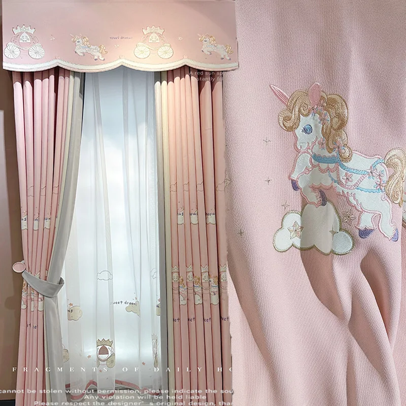 

Kids-children Cartoon Children's Room Embroidery Pink Curtains for Living Room Bedroom Dining Pink Blackout Tulle Valance Cute