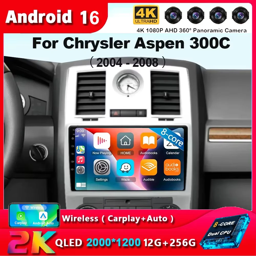Radio para Auto Android 16 con Carplay, WIFI+4G para Chrysler Aspen 300C 2004 2005 2006 2007 2008, Reproductor Multimedia GPS, WIFI+4G Estéreo