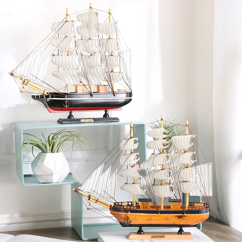 Artistic Mediterranean Wooden Sailboat Model Ornaments Handmade Solid Wood Simulation Craft Home Decoration Retro Ornaments