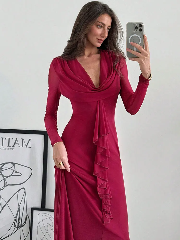 Outono novas mulheres maxi vestidos dupla moda camada malha streetwear mangas compridas vestido sólido sexy com decote em v vestidos femininos elegantes