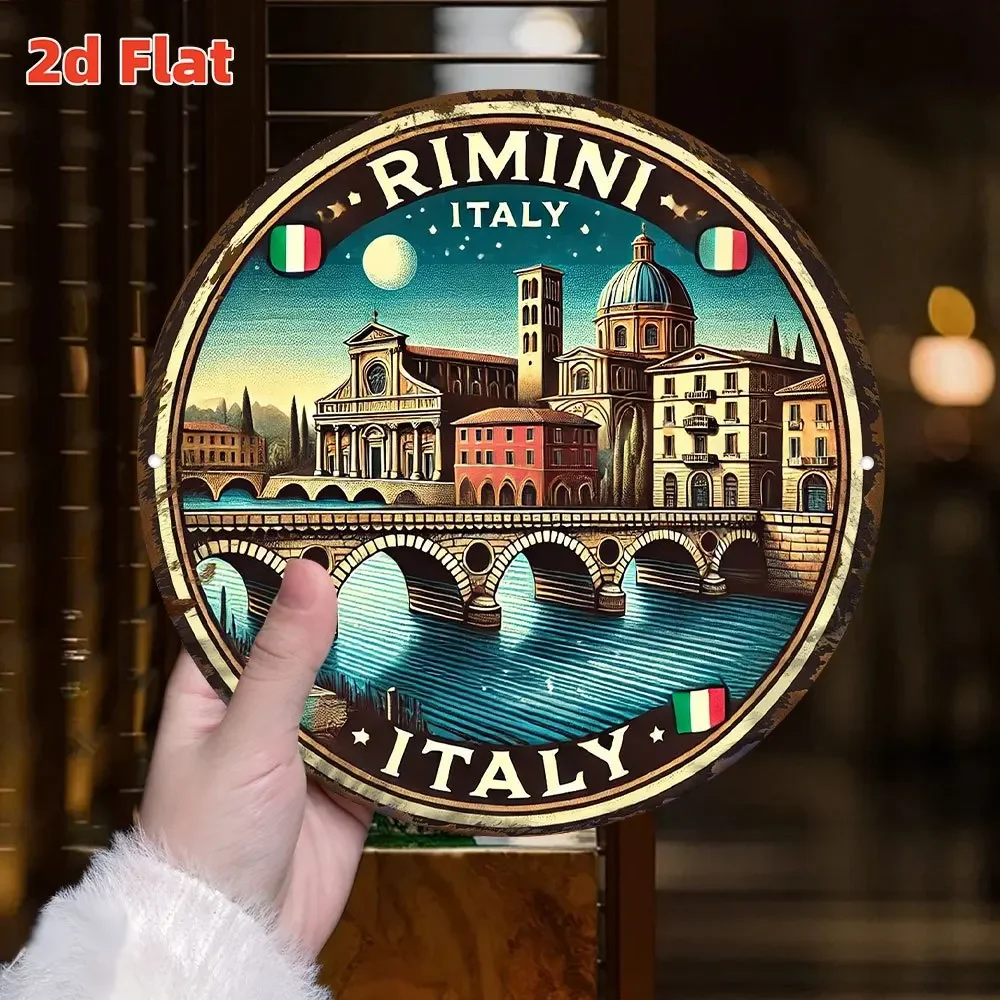 Arte de pared con paisaje de Rimini, Italia, plano en 2D, letrero redondo de metal de aluminio de 19,81 cm con diseño vibrante de paisaje urbano, duradero para interiores y exteriores