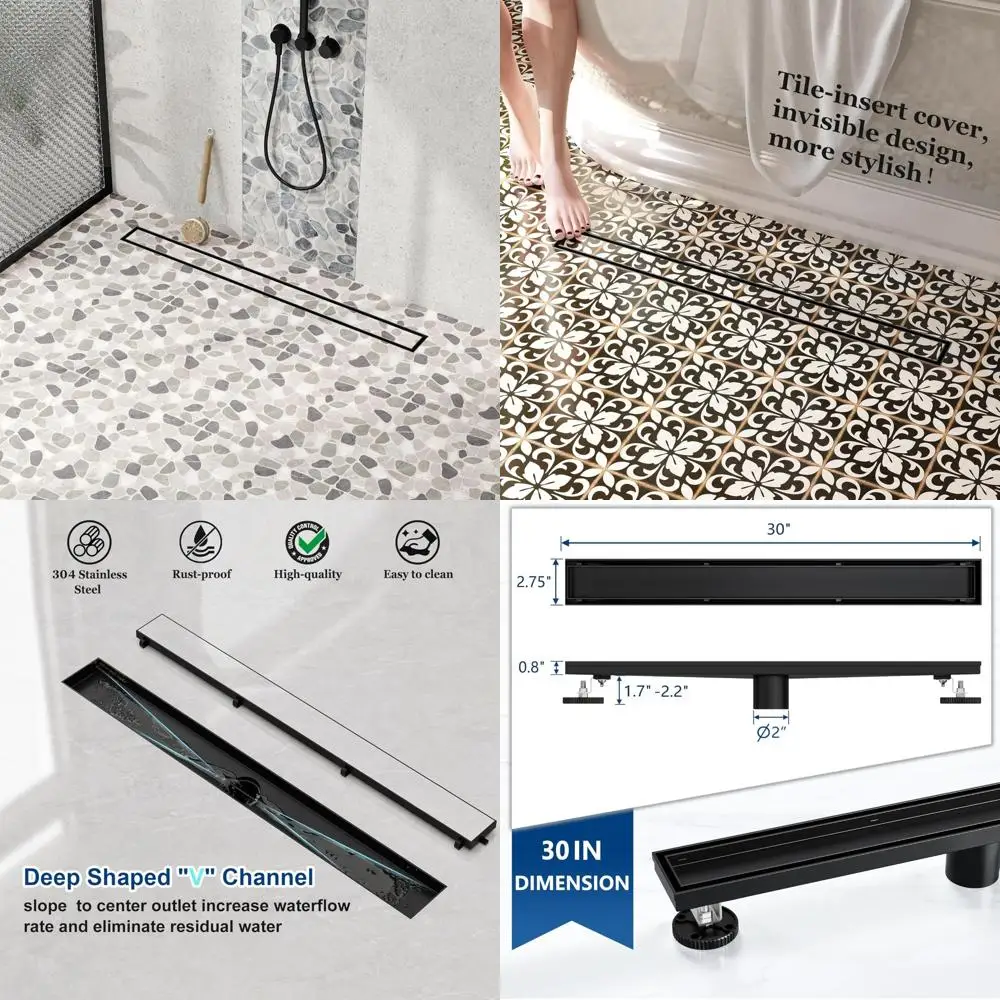 

Linear Shower Drain with Tile Insert - 30-Inch Matte Black Stainless Steel Rectangle Floor Drain for Modern Bathrooms