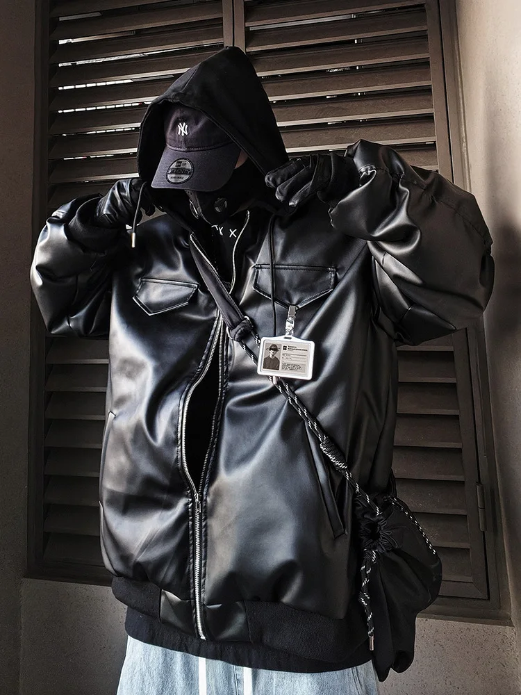 

UUC Men's Winter Jaet Loose Fit Du down Warmth Leather Coat Zipper Closure Polyester Cotton Blend Hooded Outerwear