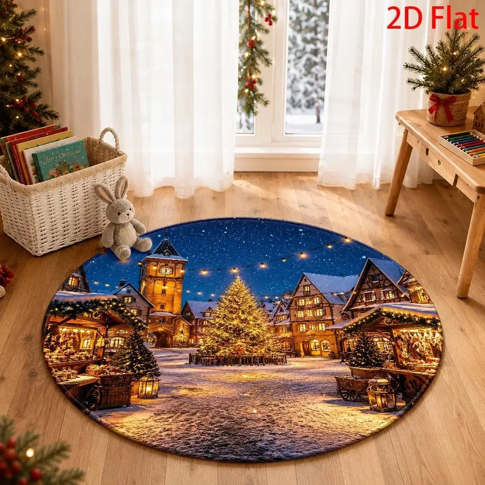 Round Christmas Decorative Area Rug, Santa Claus Lantern Winter Snow Town Print Soft Floor Mat for Living Room Bedroom