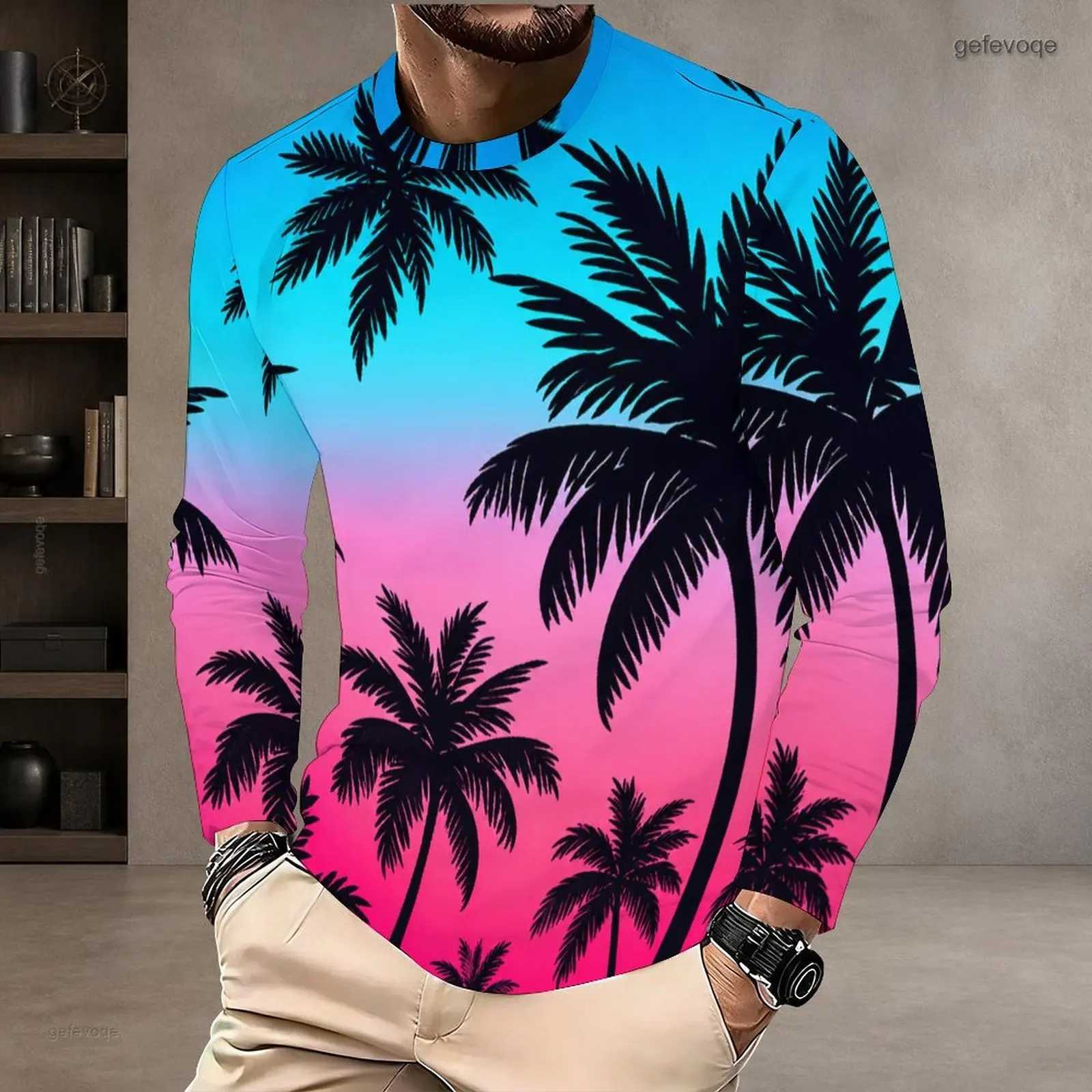 Men Round Neck Long Sleeve T-Shirt, Printed Black Palm Tree Silhouettes on Blue Pink Gradient