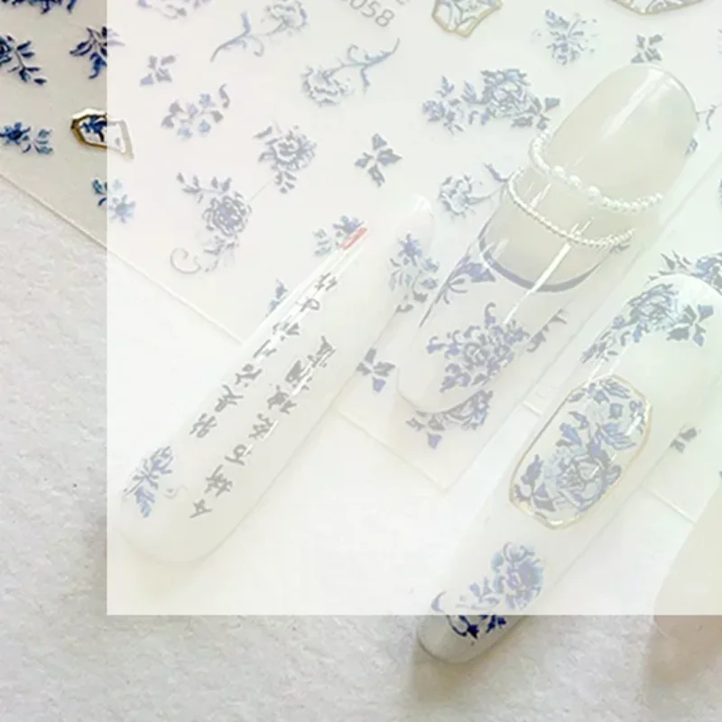 White Porcelain Chinese Style Sticker 3D Self Adhesive Nail Art Sticker Flower Silverback Adhesive Manicure Decal Salon DIY Blu