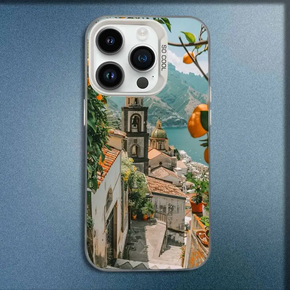 เคสโทรศัพท์ลายชายฝั่งอามัลฟีแบบยุโรป สำหรับ iPhone 17,16,15,14,13,12,Pro,Max,Plus,E,SE4,Air,Mini สีขาว กล่อง IMD