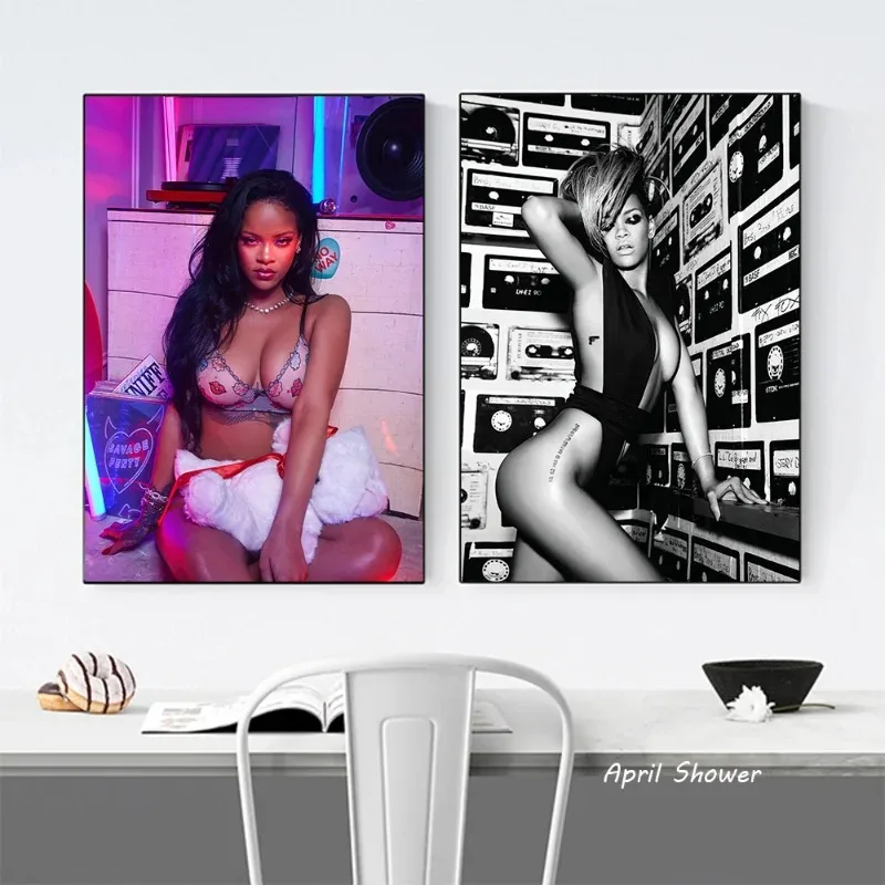 ملصقات مثيرة بالأبيض والأسود لديكور الغرف ، مغني مشهور ، فنان R-Rihannas ، لوحة قماشية ، مطبوعات ، فن جداري ، هدية للجماهير #4