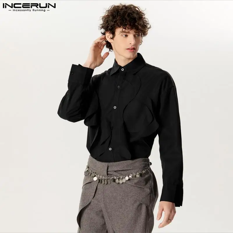 INCERUN Tops 2024 American Style New Mens Personality Layered Flower Design Shirts Handsome Male Solid Long Sleeved Blouse S-5XL