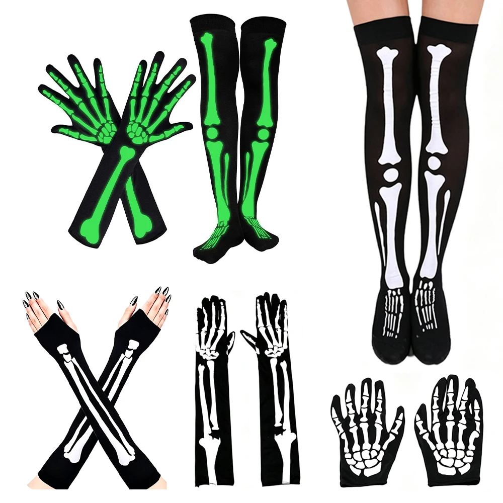 Accesorio de Disfraz de Esqueleto para el Festival de los Fantasmas, Calcetines hasta la Rodilla con Estampado Esquelético y Guantes Largos con Patrón que Brilla en la Oscuridad, Conjunto de Halloween