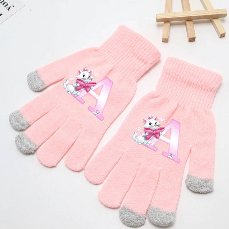 The Aristocats Marie Cat Disney Girl Gloves Pink Letter A-Z Print Finger Gloves Winter Gloves Kid Outdoor Cycling Accessori Gift