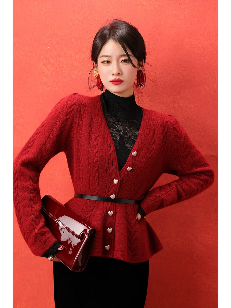 

Dangdang Somes Wheat Spike Twisted Knit Rabbit Fur Mixed Wool Sweater Cardigan Chinese Style Women's Fashion Winter Coat