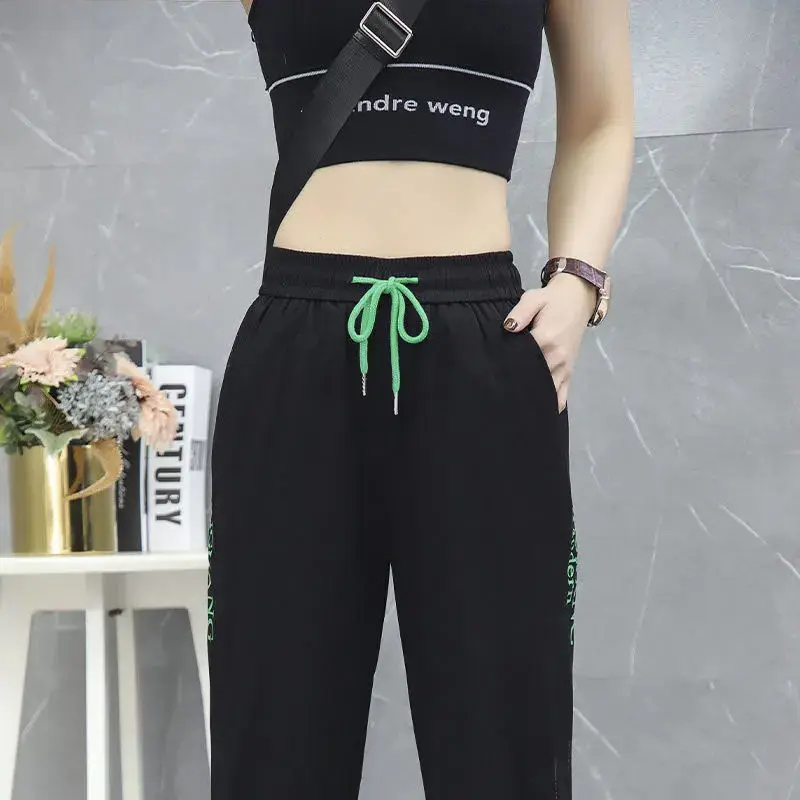 Spring Summer Ice Floss Letter Print Drawstring Casual Pants Net Yarn Patchwork Pockets Hollow Out Nine Points Harem Trousers