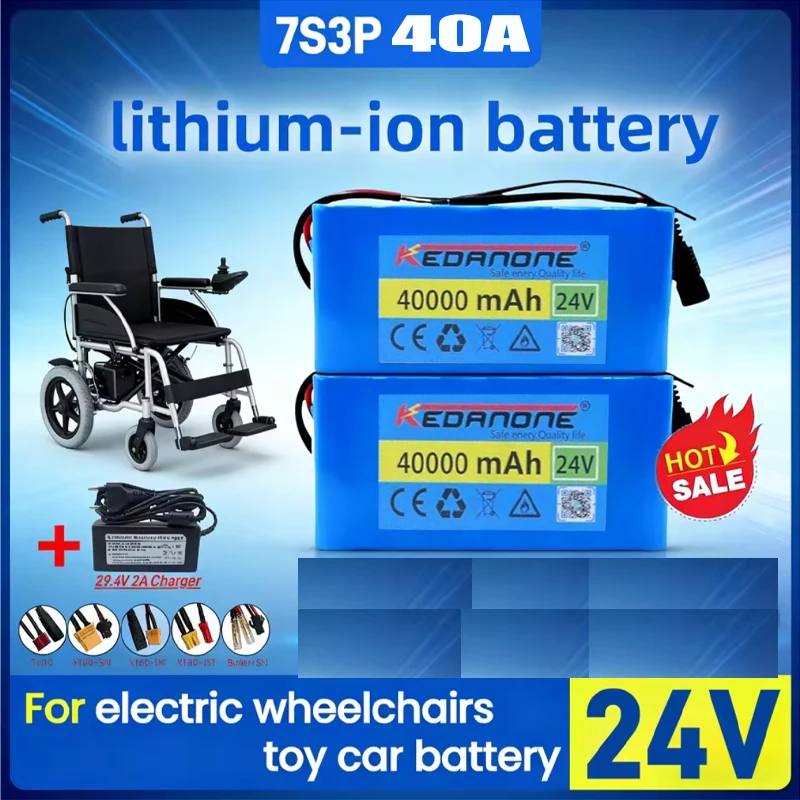 Batterie rechargeable haute performance 24V 40Ah 7S3P 18650, système BMS intelligent pour voiture jouet et fauteuil roulant