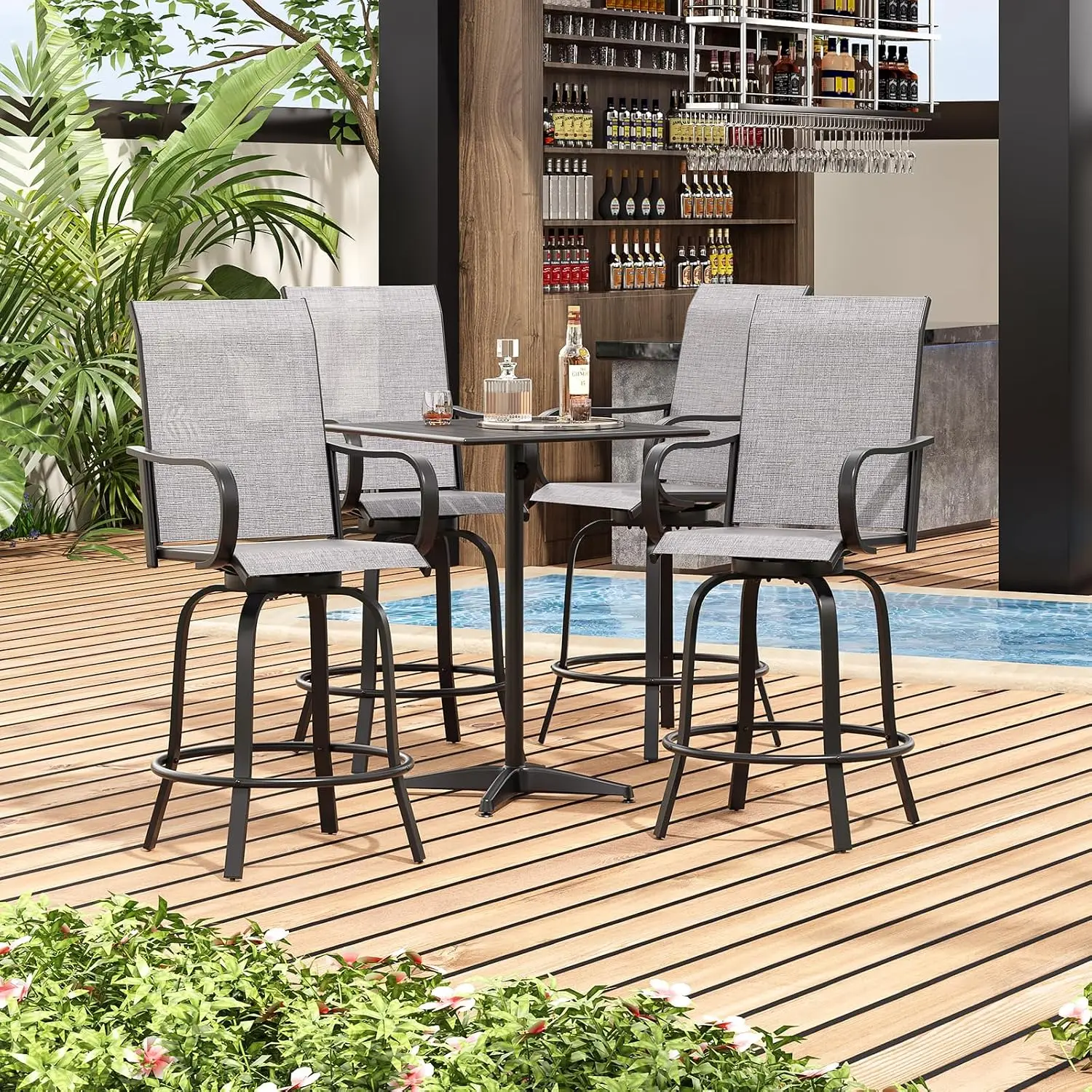 Patio Barstools Set 2 Swivel Outdoor Tall Chairs Textilene Fabric 360 All Weather Ergonomic Bar Height Stools Outside