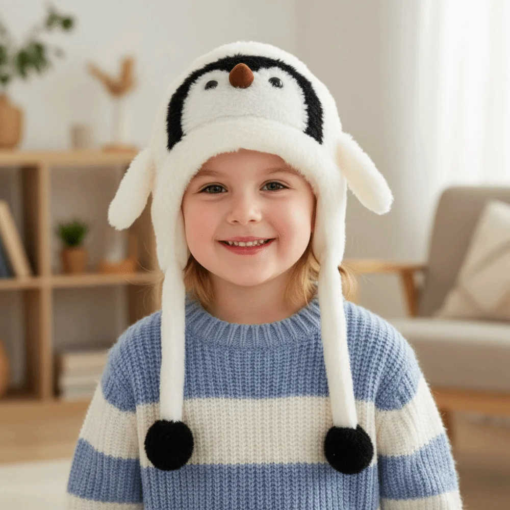 

Cute Children's Warm Hat Windproof Thickened Warmth Penguin Hat Breathable Pom Pom Ends Cartoon Penguin Balaclava Hat