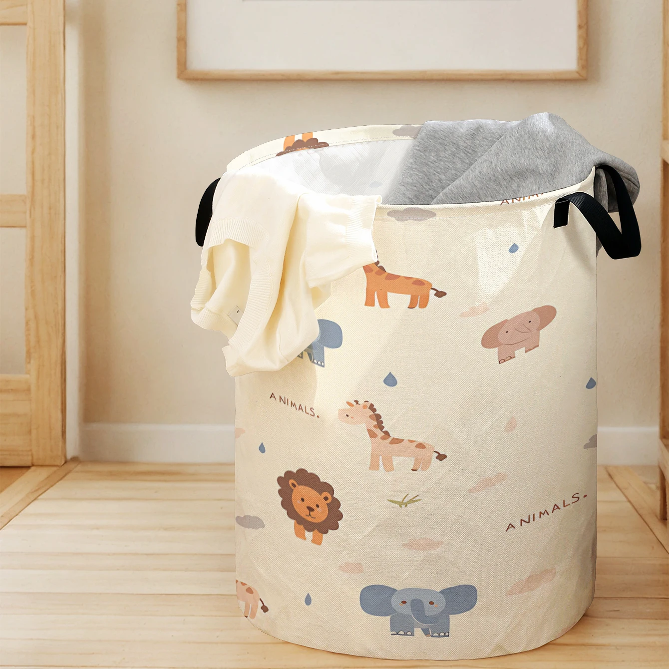 Cute Safari Animals Print Foldable Large Capacity Storage Bucket, Children's Toy and Clothing Storage, Home Bathroom