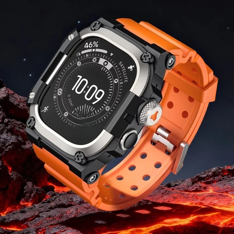 For Apple Watch Ultra 1/2/3 49mm, Rugged One-piece Strap with Protective Case, TPU+Zinc Alloy+Stainless Steel Shockproof Sport