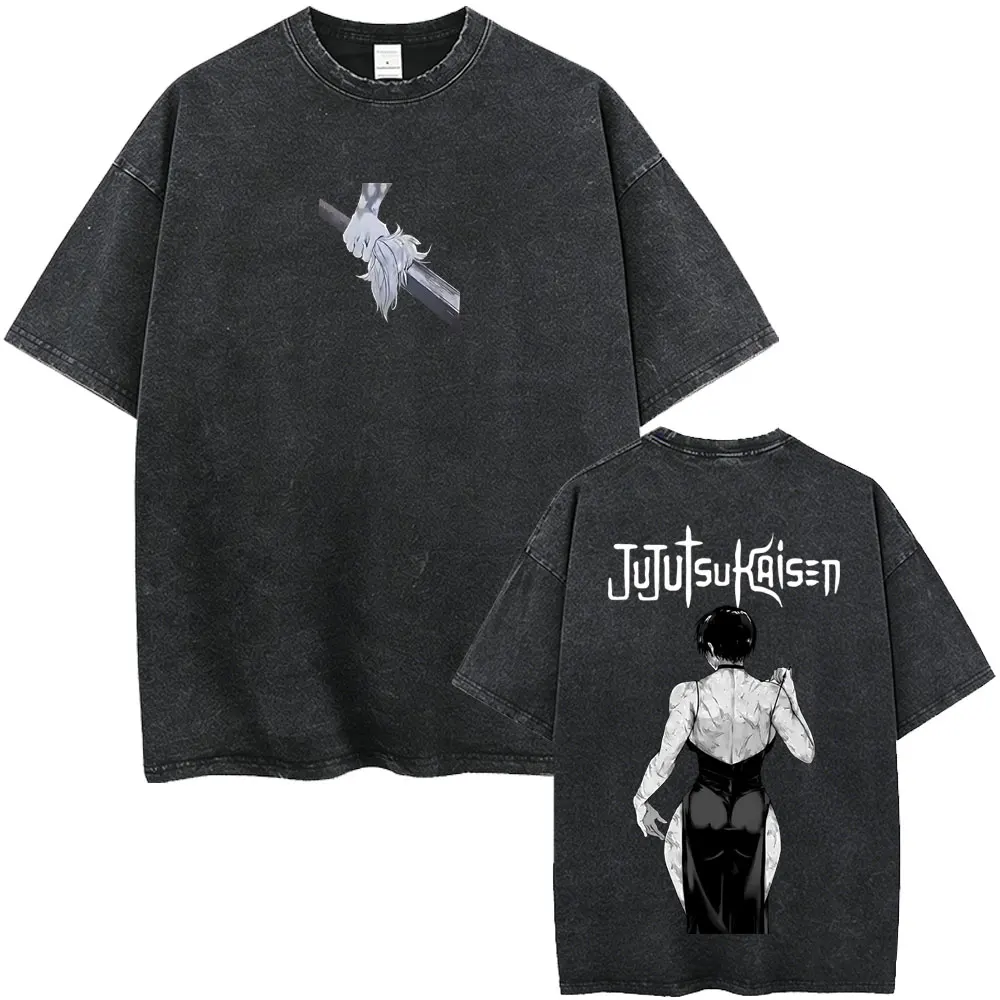 Washed Vintage Anime Jujutsu Kaisen Maki Zenin T-shirt Men Women Casual Oversized Cotton T Shirt Male Manga Harajuku Streetwear