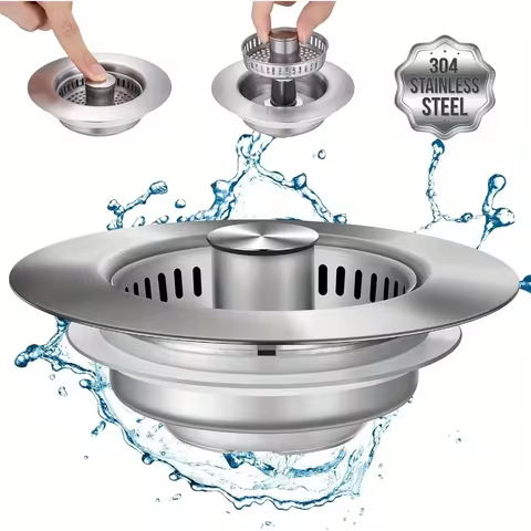 3-in-1 Stainless Steel Kitchen Sink Strainer - Pop-Up Stopper with Anti-Clogging Basket and Odor Filter, Easy Clean Drain Strain
