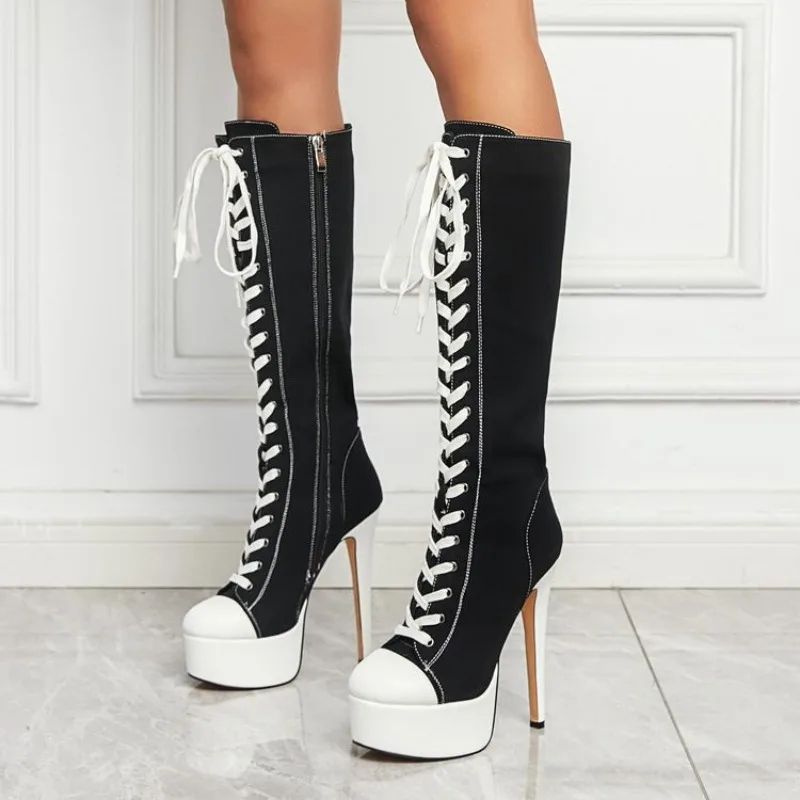 15cm Women's Canvas Knee High Boots Platform Stiletto Heel Side Zipper Long Booties Punk Street Party High Heels Footwear 36-45