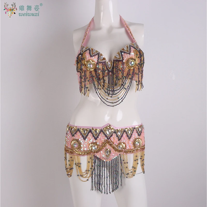 Sexy menina traje de dança do ventre usar frisado lantejoulas barra + cinto 2pc conjunto senhoras trajes de dança do ventre roupas