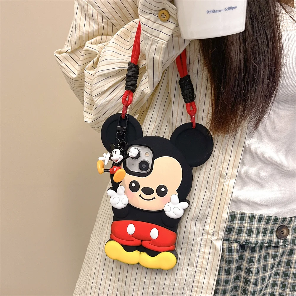 

3D Cartoon Mickey Mouse Bracelet Stereoscopic Phone Case For iPhone 15 14 13 12 Pro Max Soft Silica Gel Cute Lanyard Back Cover