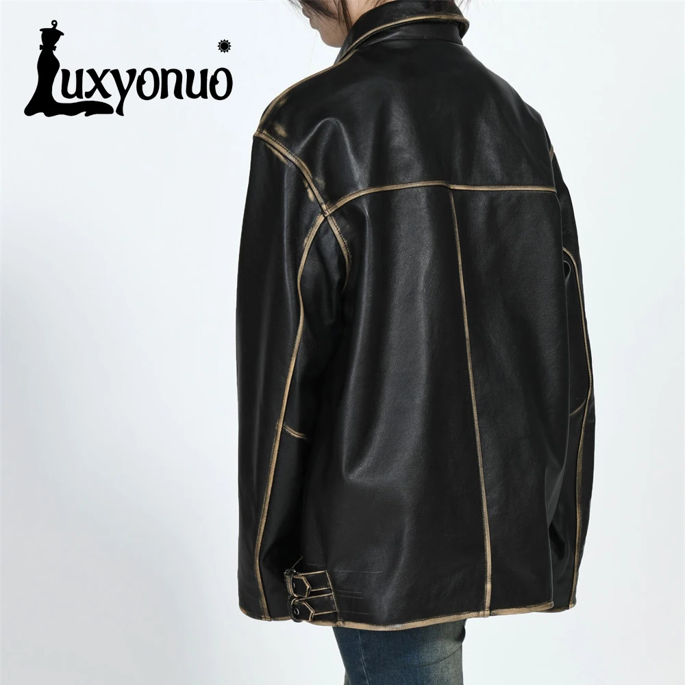 Luxyonuo Sheepskin Coat for Women Fall New Arrival Vintage Real Leather Jacket Ladies Fashion High Quality Genuine Leather Coats