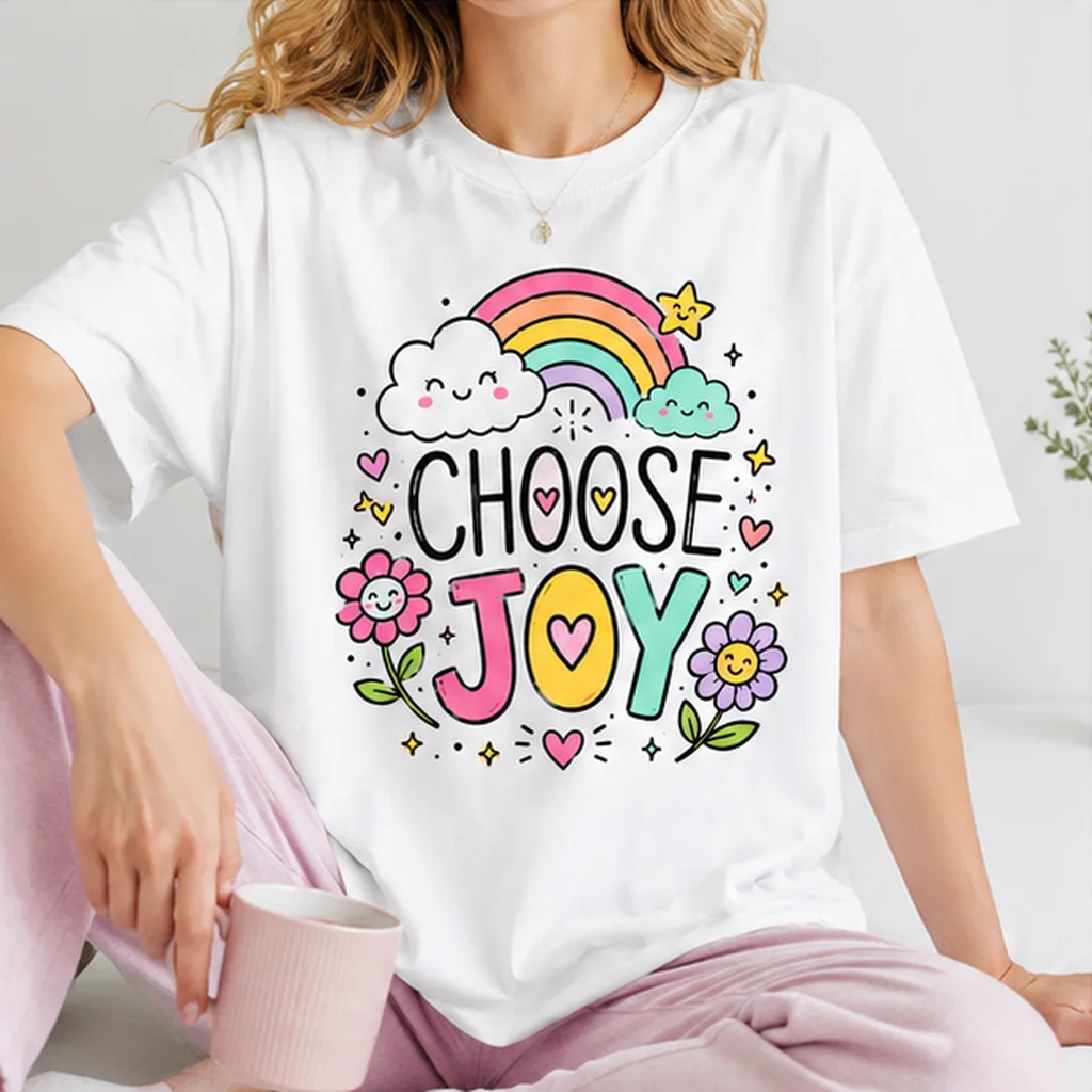 100% Cotton Choose Joy Women T‑Shirt, 2026 Summer Y2K Rainbow Cloud Flower Print, Casual Streetwear Breathable Daily Top