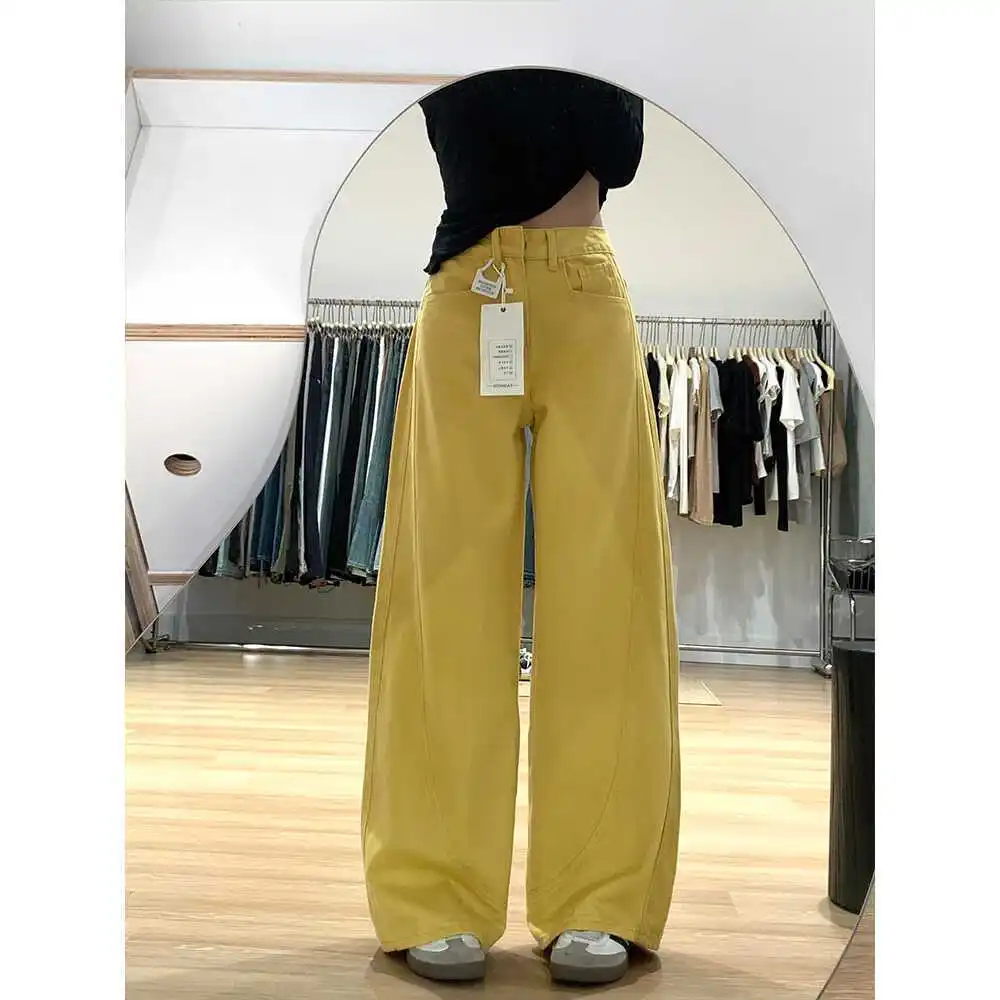 Korean Style Wide Leg Baggy Jeans For Women High Waist Chic Casual Streetwear Yellow Female Y2k Pants Denim Trousers