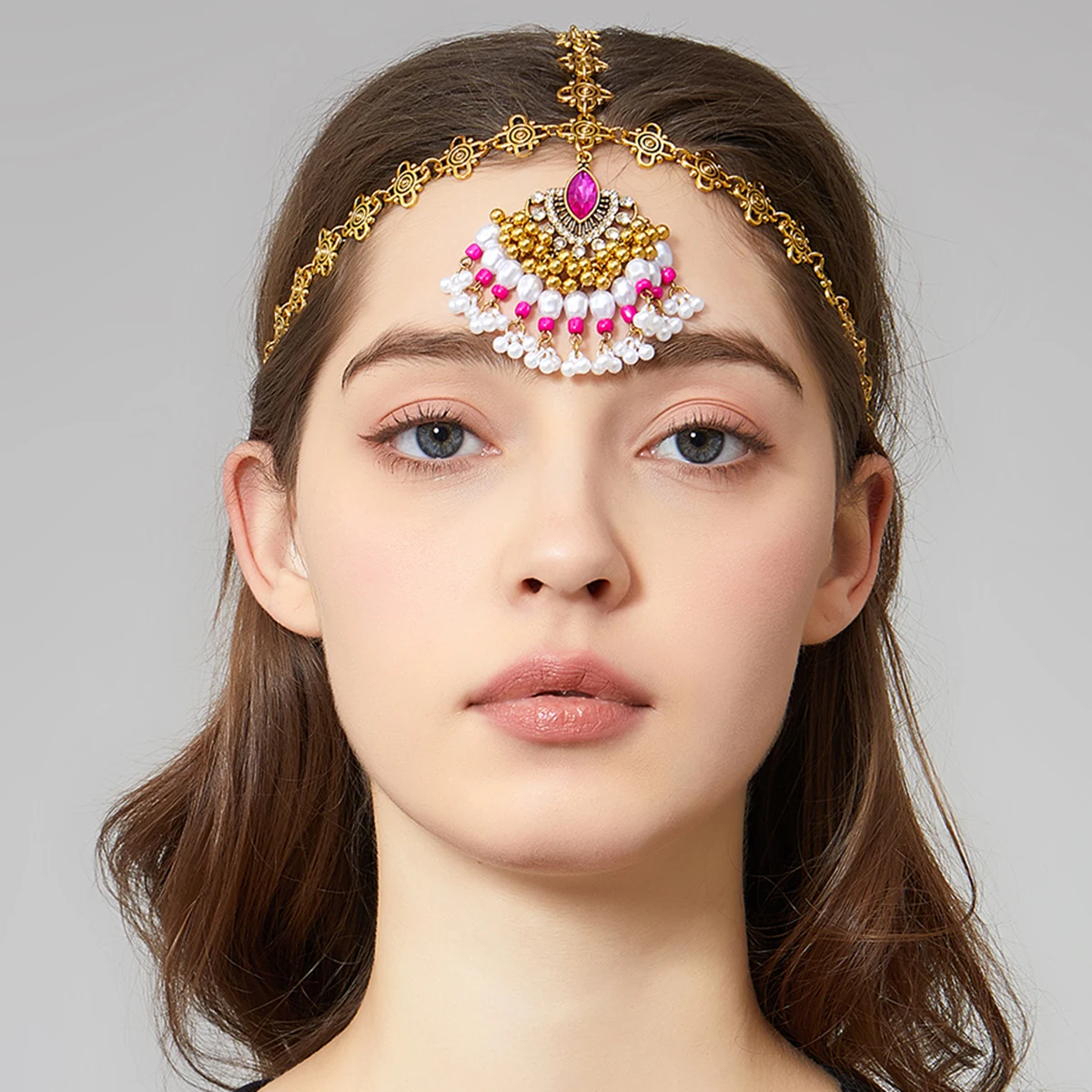 خمر الذهب الهندي اللون الجبين سلسلة هندسية حجر الراين حبة شرابة الشعر مجوهرات رباطات اكسسوارات الزفاف الزفاف