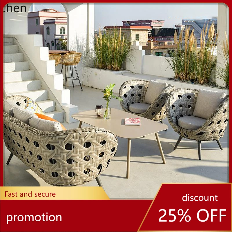 

HT Outdoor Rattan Woven Chair Simple Outdoor Garden Courtyard Balcony Sofa Coffee Table Set