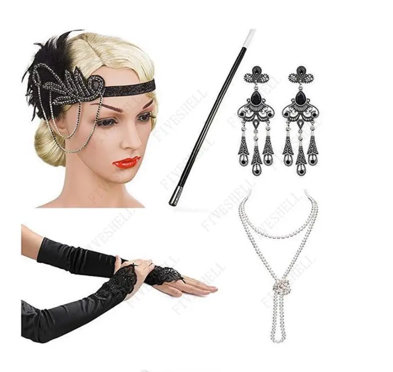 Women Flapper Props Halloween Charleston Cosplay 1920s Great Gatsby Accessories Pink Nude Headpiece Feather Headband Fro Party