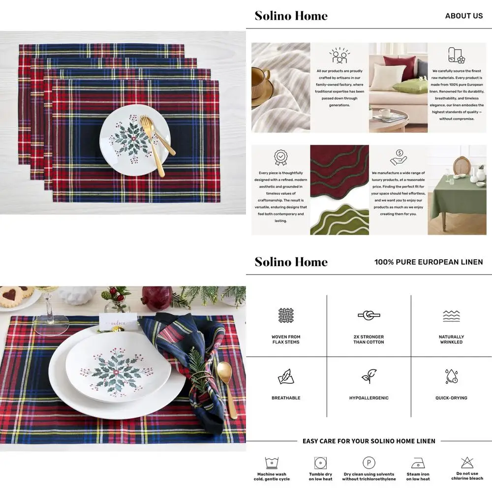 

Набор из 4 рождественских льняных салфеток в клетку тартан — 100% чистый, 14x19 дюймов, ручная работа и моющаяся