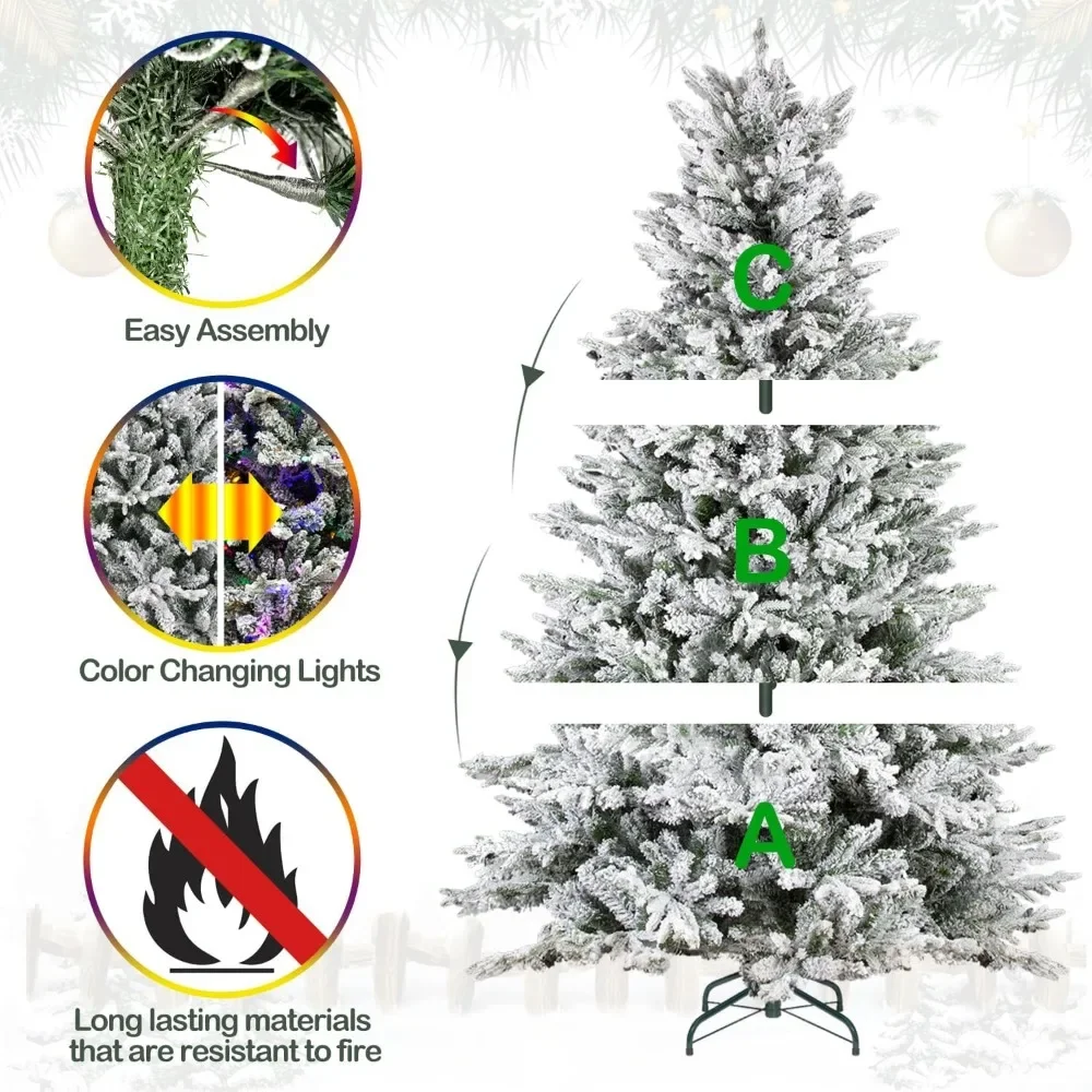 6.5 Ft Voorverlichte Sneeuw Stroomden Kerstboom, Kunstmatige Kerstboom Met 350 Kleurveranderende Led-Verlichting, 2024 Pe & Pvc Br