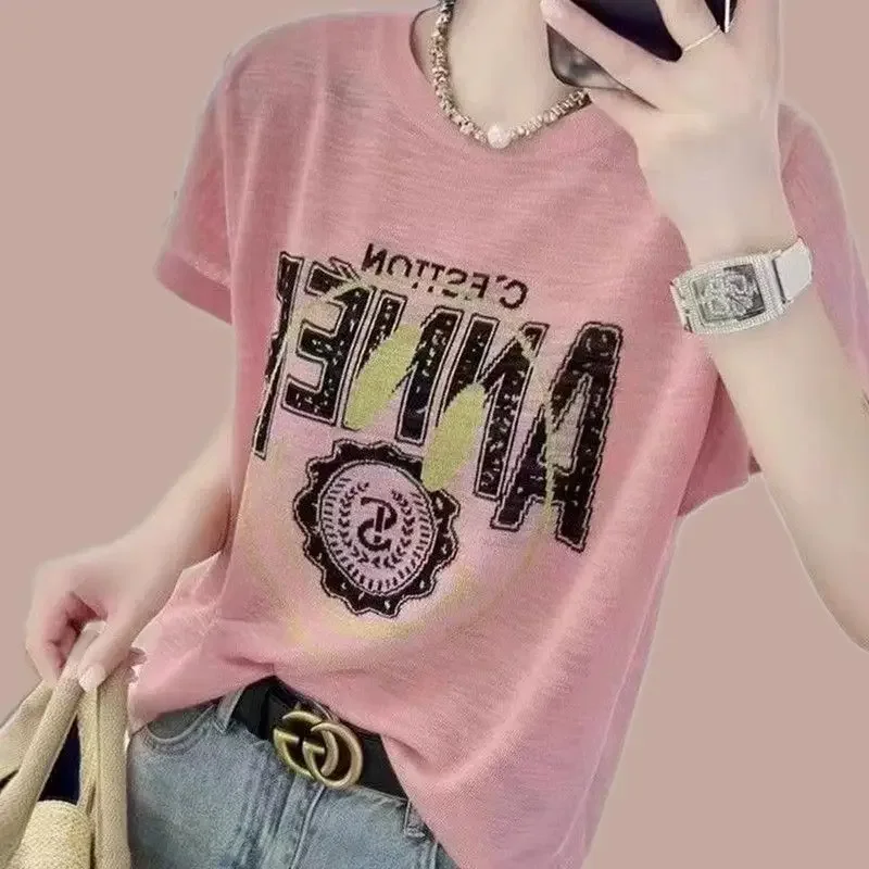 Round Neck Letter Printing Summer Women's Clothing Pullover Short Sleeve Loose T-shirt Casual Comfortable Flattering Tops