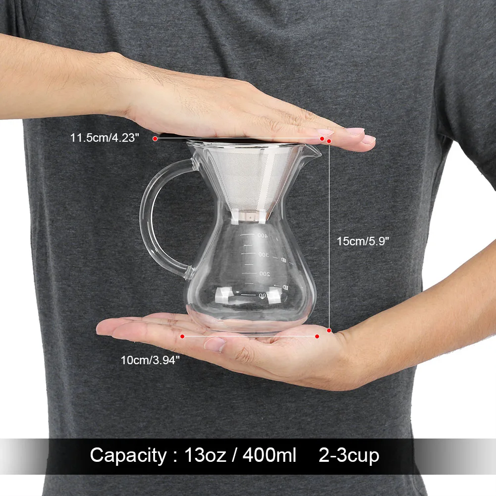 Glass Coffee Sharing Pot with Filter with Handle 400ml, Glass Hand Drip Coffee Maker Filter Pot with Scale Office Home